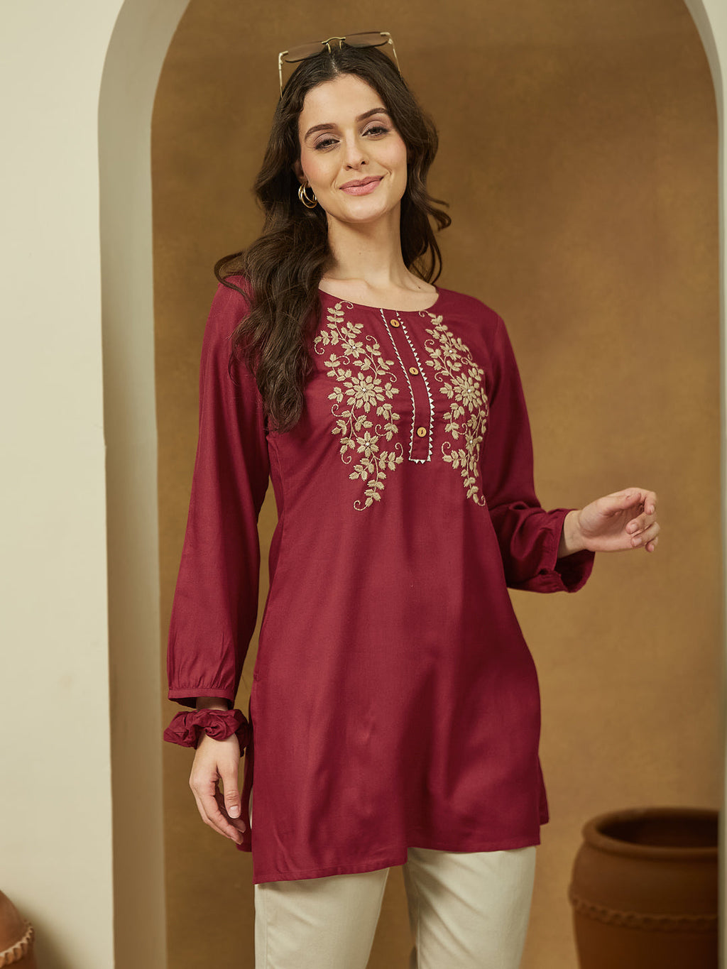 Janasya Women's Maroon Rayon Embroidered Straight Short Kurti