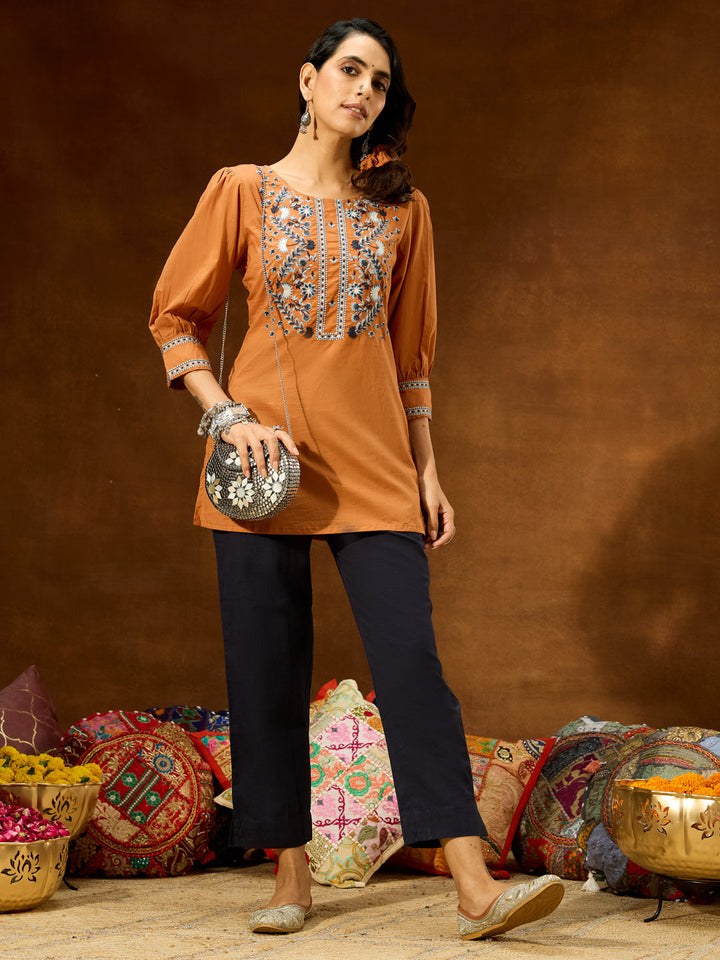 Janasya Women's Brown Pure Cotton Embroidered Straight Short Kurti - qivii