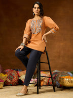 Janasya Women's Brown Pure Cotton Embroidered Straight Short Kurti