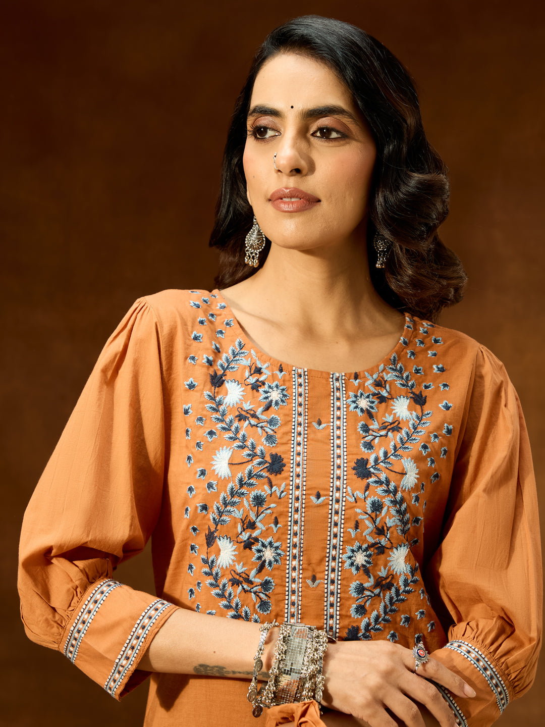 Janasya Women's Brown Pure Cotton Embroidered Straight Short Kurti - qivii