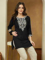 Janasya Women's Black Rayon Embroidered Straight Short Kurti