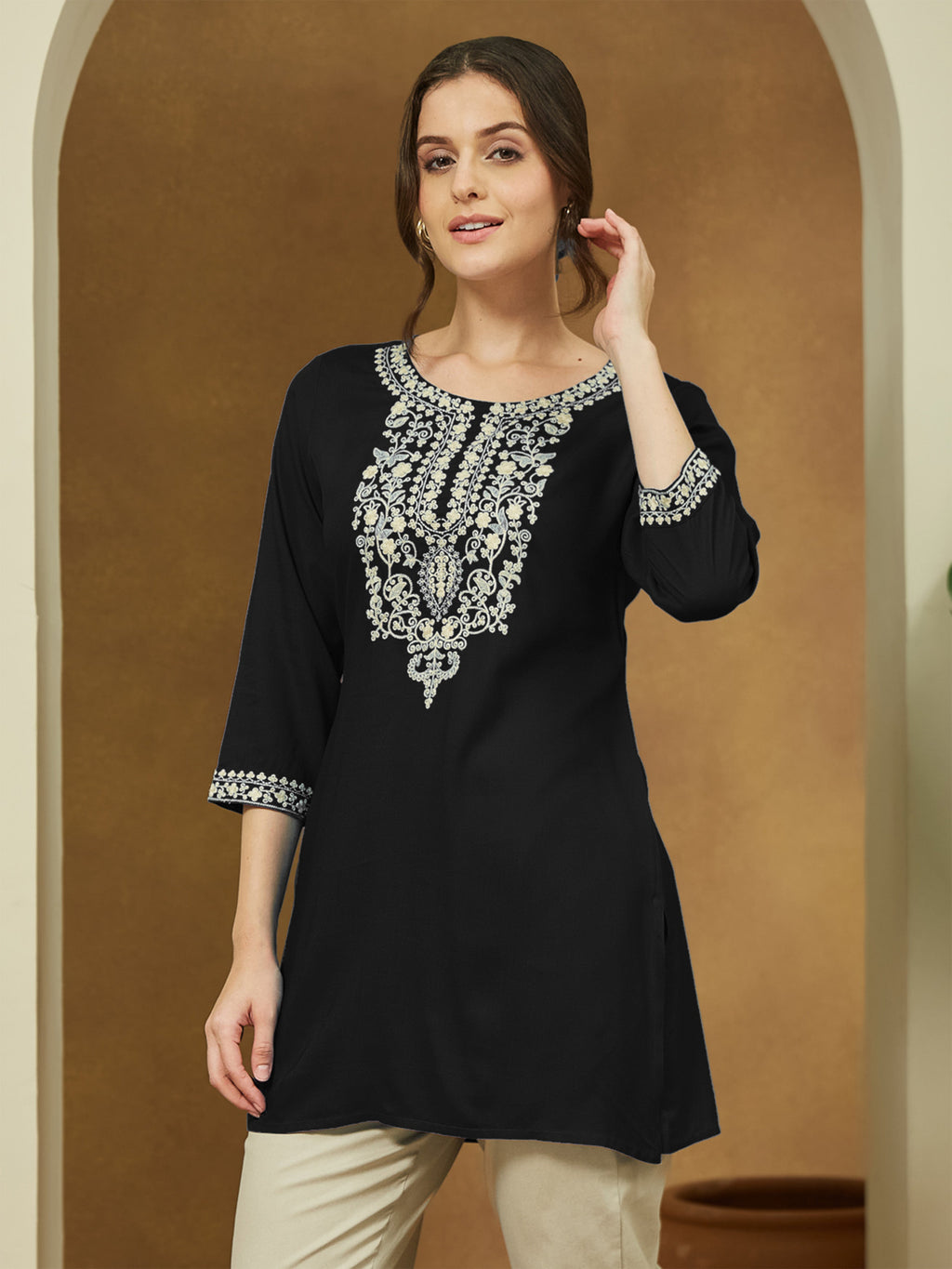 Janasya Women's Black Rayon Embroidered Straight Short Kurti