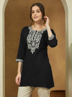 Janasya Women's Black Rayon Embroidered Straight Short Kurti