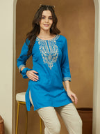 Janasya Women's Blue Rayon Embroidered Straight Short Kurti