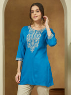 Janasya Women's Blue Rayon Embroidered Straight Short Kurti