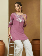 Janasya Women's Purple Pure Cotton Embroidered Straight Tunic