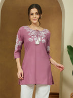 Janasya Women's Purple Pure Cotton Embroidered Straight Tunic