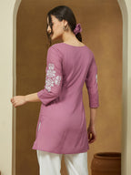 Janasya Women's Purple Pure Cotton Embroidered Straight Tunic