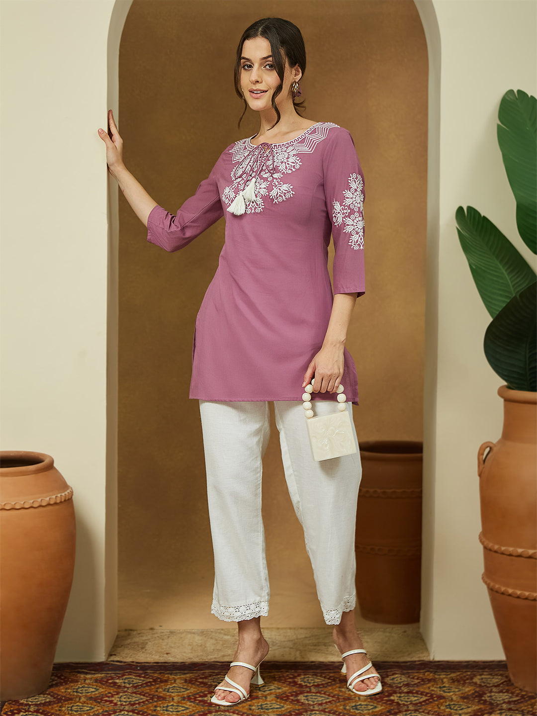 Janasya Women's Purple Pure Cotton Embroidered Straight Tunic