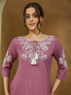 Janasya Women's Purple Pure Cotton Embroidered Straight Tunic