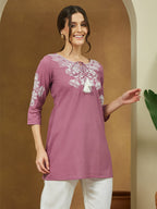 Janasya Women's Purple Pure Cotton Embroidered Straight Tunic
