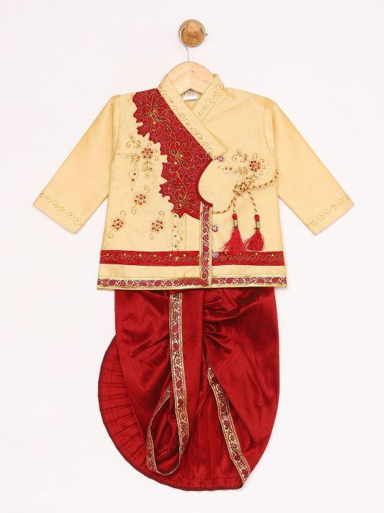 Vastramay Boy's Gold And Maroon Angrakha Kurta and Dhoti Set - qivii