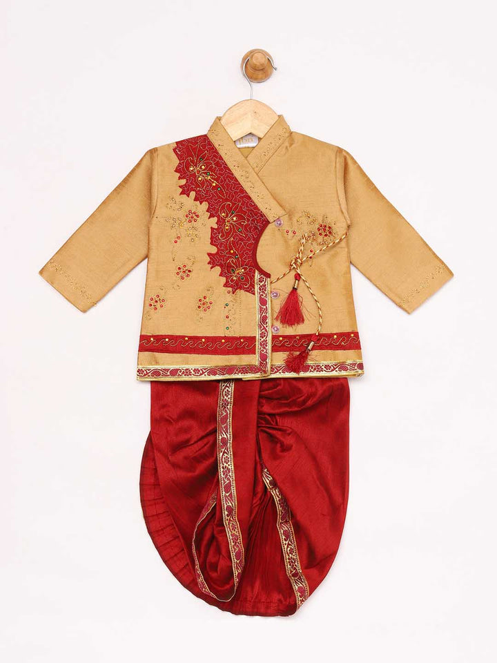 Vastramay Boy's Rose Gold Angrakha Kurta and Dhoti Set - qivii