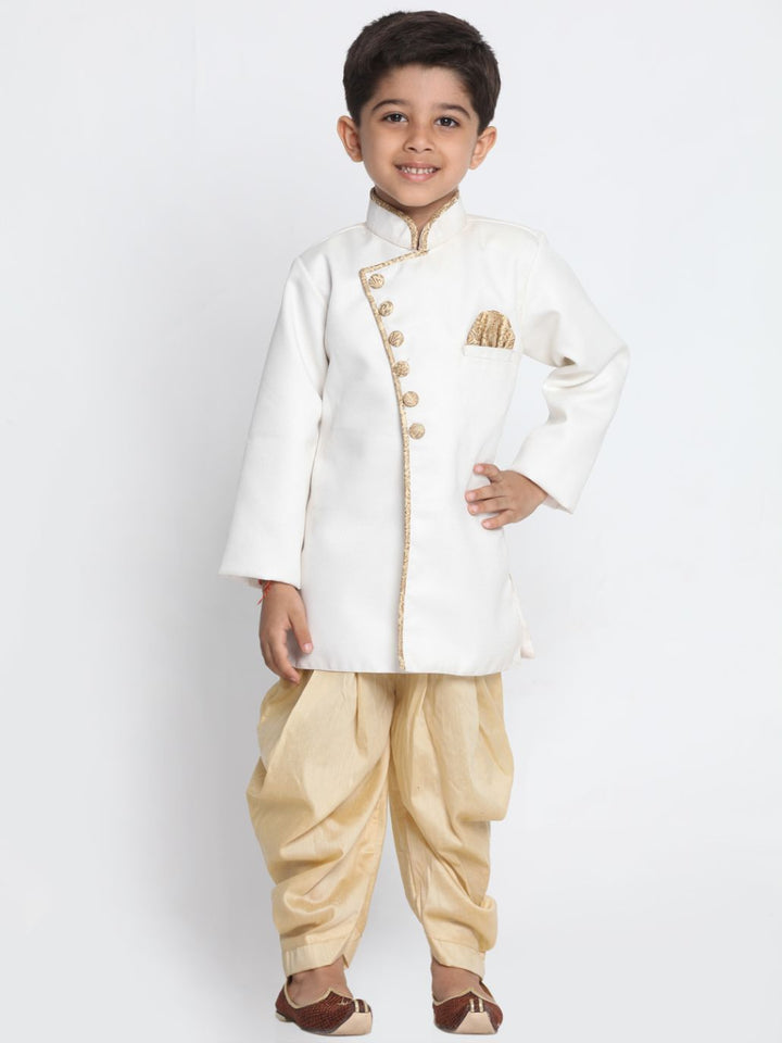 Vastramay Boy's White Jute Silk Blend Sherwani Set - qivii