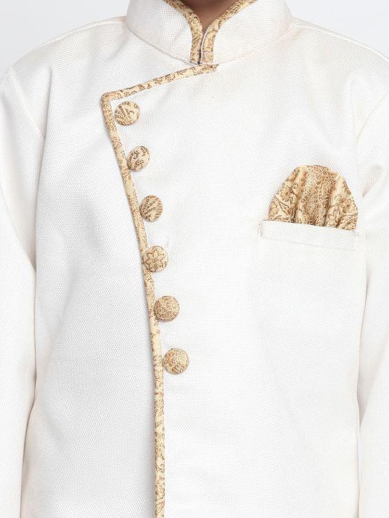 Vastramay Boy's White Jute Silk Blend Sherwani Set - qivii