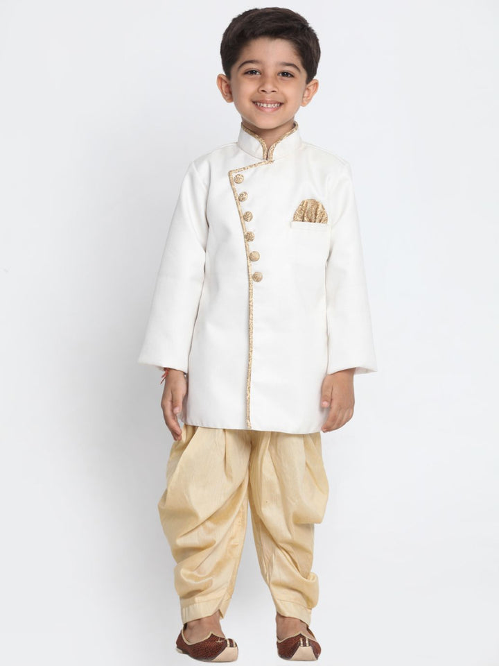 Vastramay Boy's White Jute Silk Blend Sherwani Set - qivii