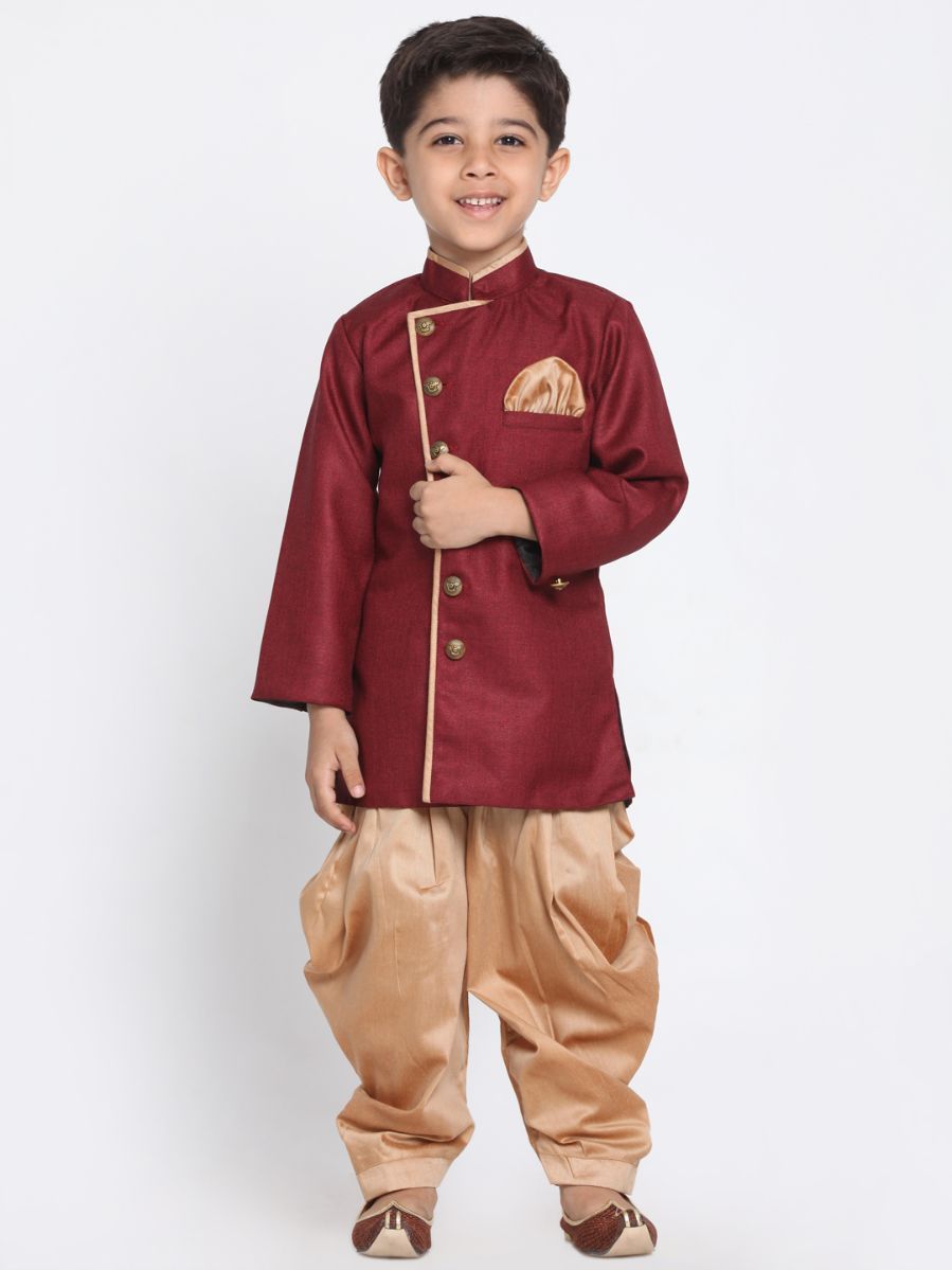 Vastramay Boys' Maroon Jute Silk Blend Sherwani Set - qivii