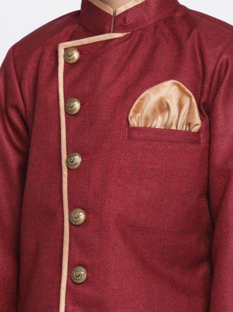 Vastramay Boys' Maroon Jute Silk Blend Sherwani Set - qivii