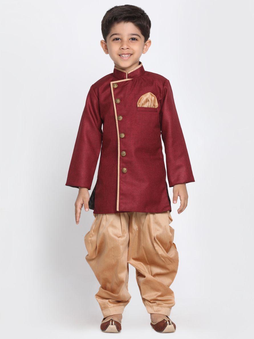 Vastramay Boys' Maroon Jute Silk Blend Sherwani Set - qivii