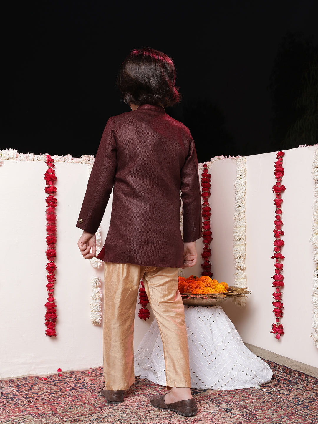 Vastramay Boys' Maroon Jute Silk Sherwani Set - qivii