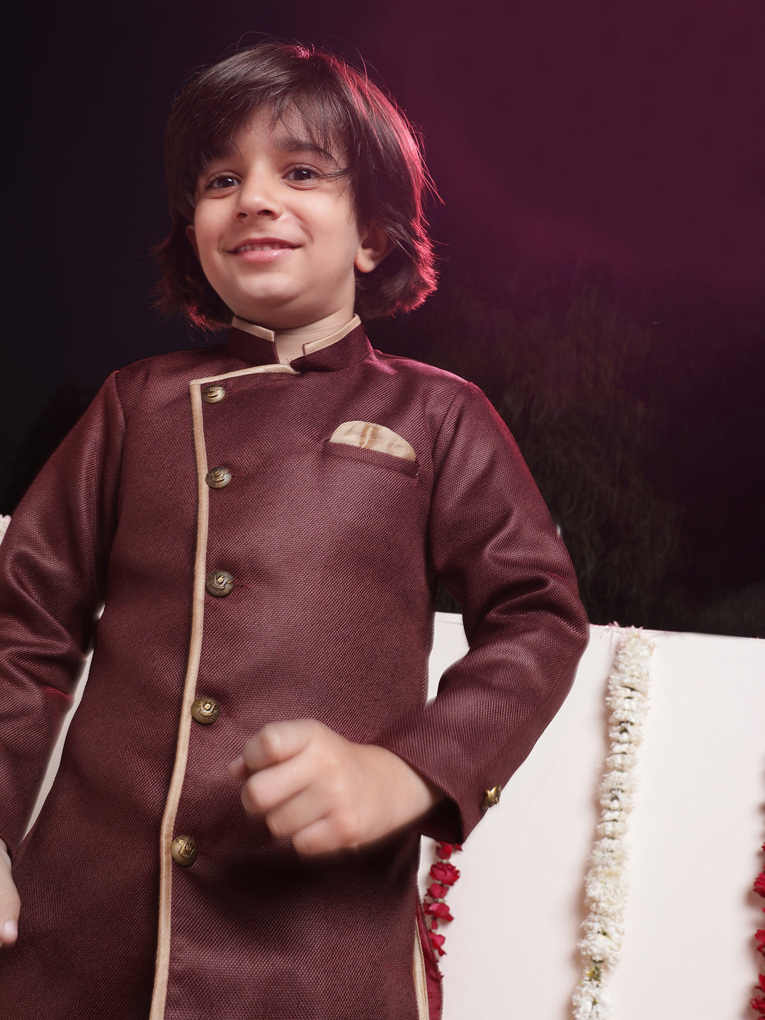 Vastramay Boys' Maroon Jute Silk Sherwani Set - qivii