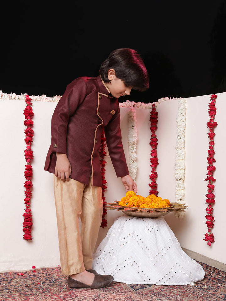Vastramay Boys' Maroon Jute Silk Sherwani Set - qivii