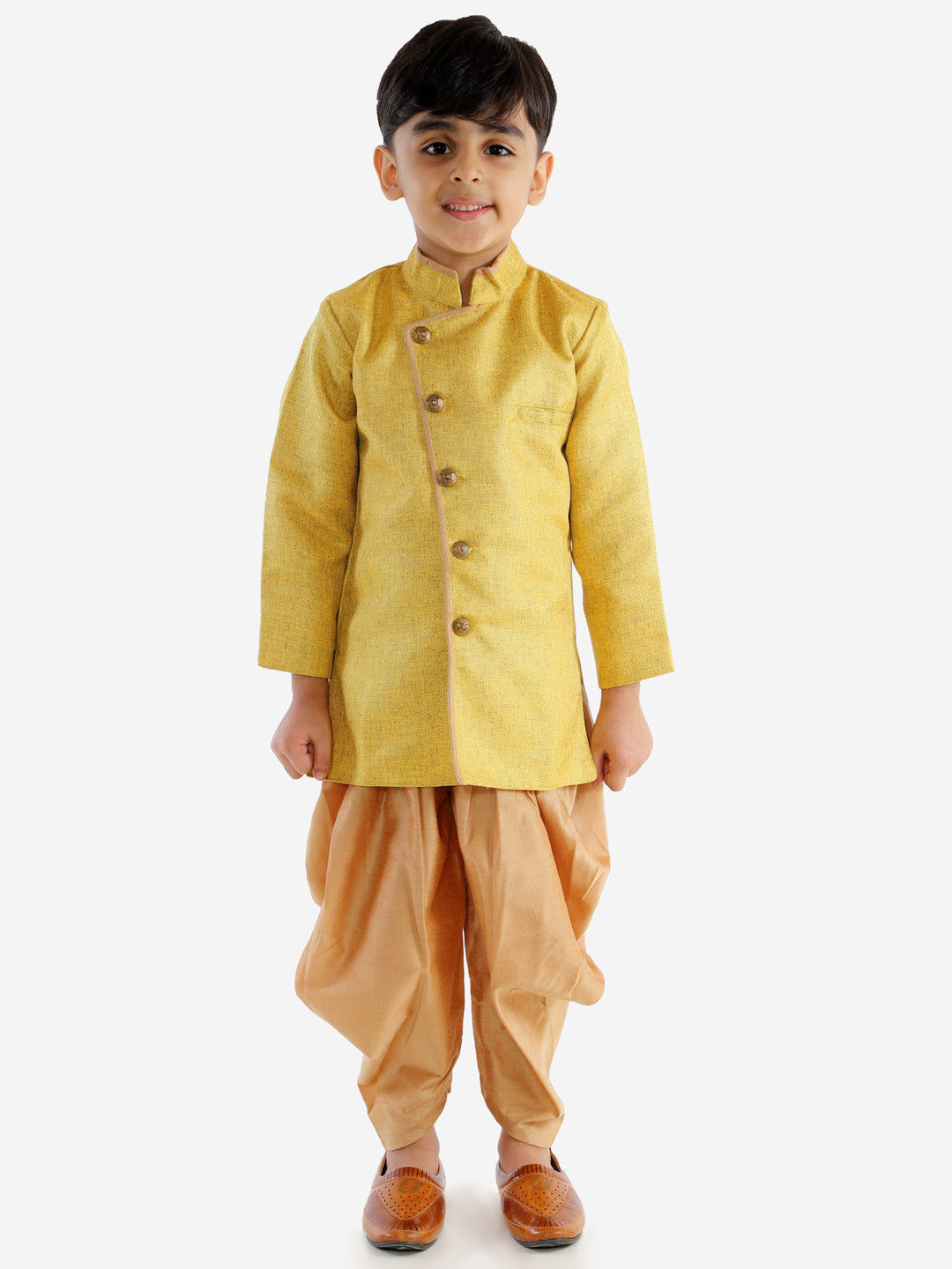 Vastramay Boy's Mustard Jute Silk Blend Sherwani Set - qivii
