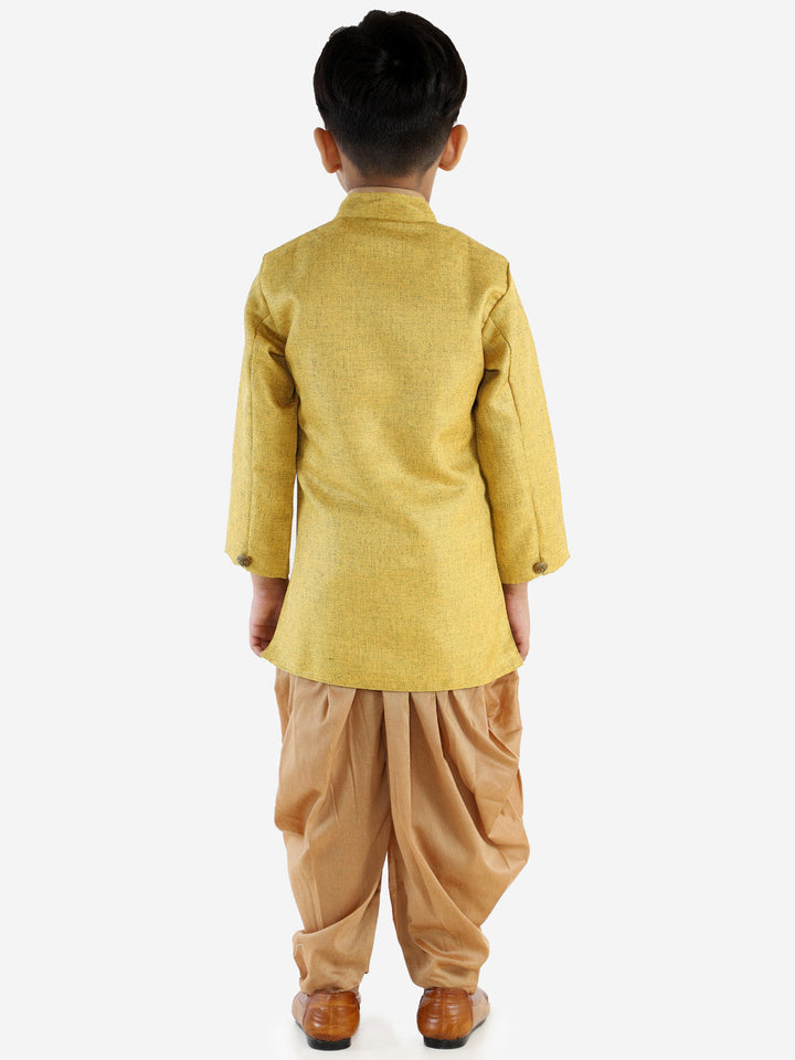 Vastramay Boy's Mustard Jute Silk Blend Sherwani Set - qivii