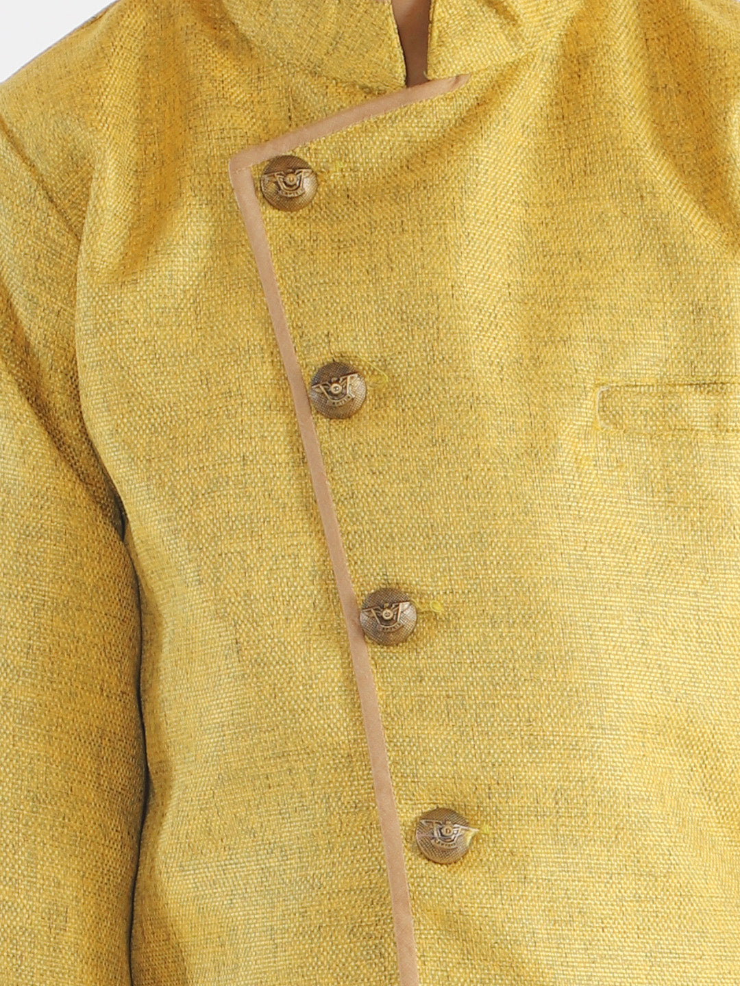Vastramay Boy's Mustard Jute Silk Blend Sherwani Set - qivii