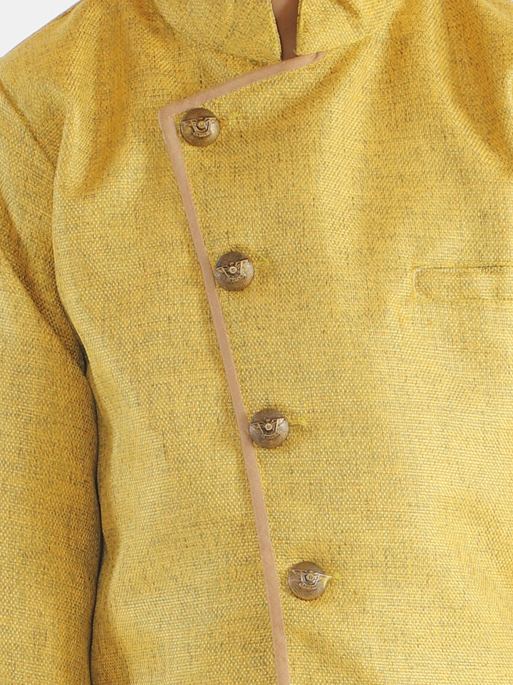 Vastramay Boy's Mustard Jute Silk Blend Sherwani Set - qivii