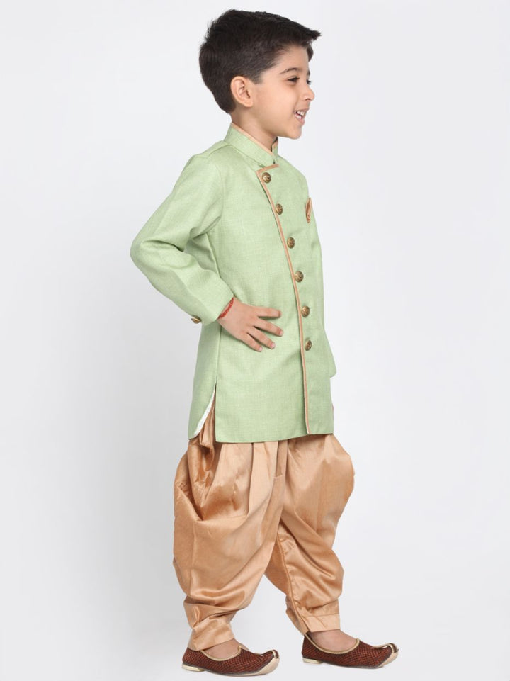 Vastramay Boy's Green Jute Silk Blend Sherwani Set - qivii