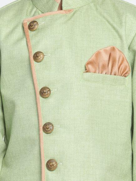 Vastramay Boy's Green Jute Silk Blend Sherwani Set - qivii