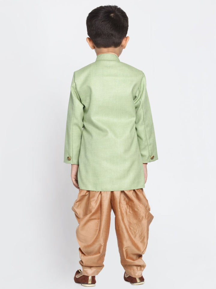 Vastramay Boy's Green Jute Silk Blend Sherwani Set - qivii