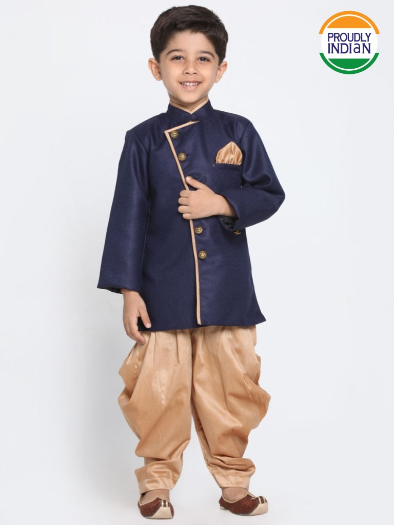 Vastramay Boy's Blue Jute Blend Sherwani Set - qivii