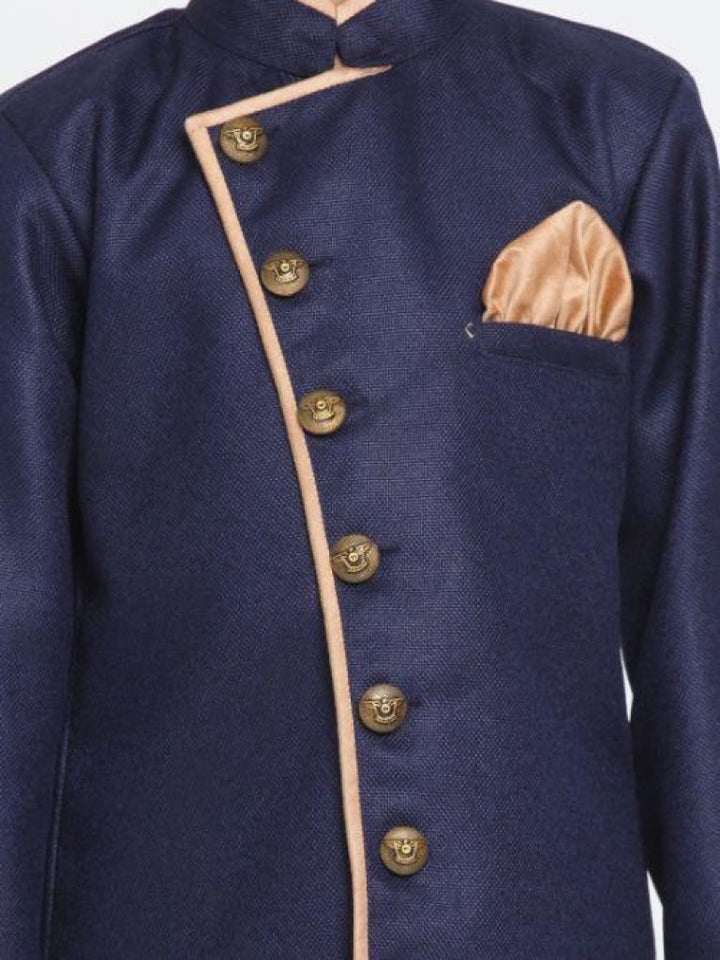 Vastramay Boy's Blue Jute Blend Sherwani Set - qivii