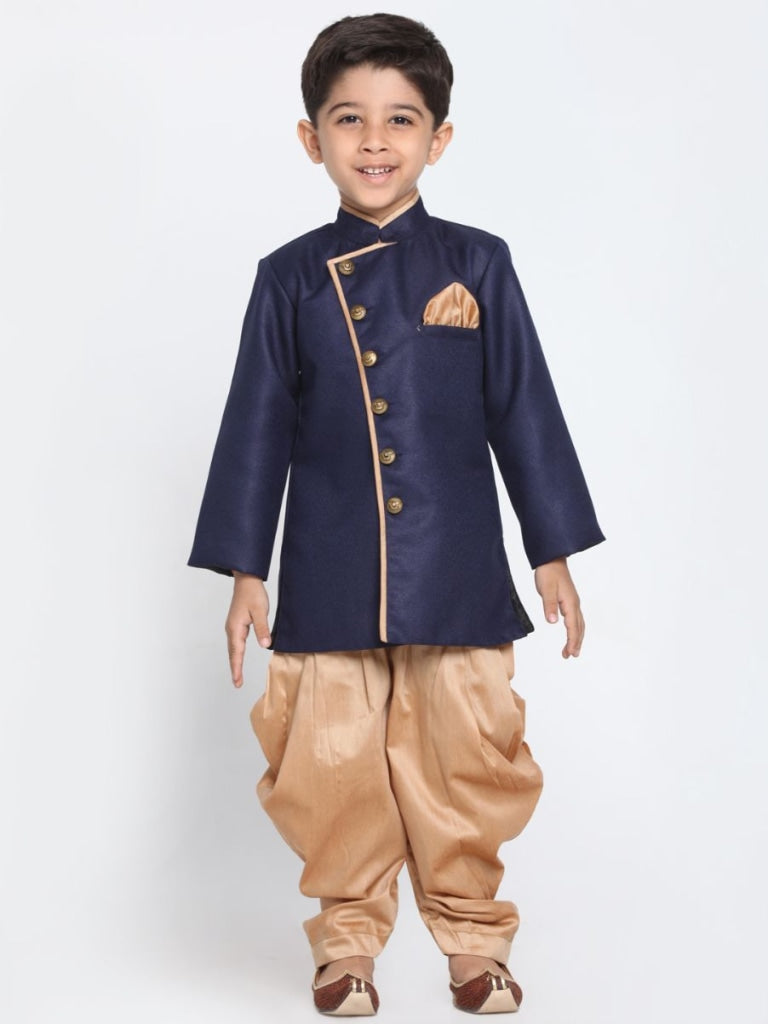 Vastramay Boy's Blue Jute Blend Sherwani Set - qivii
