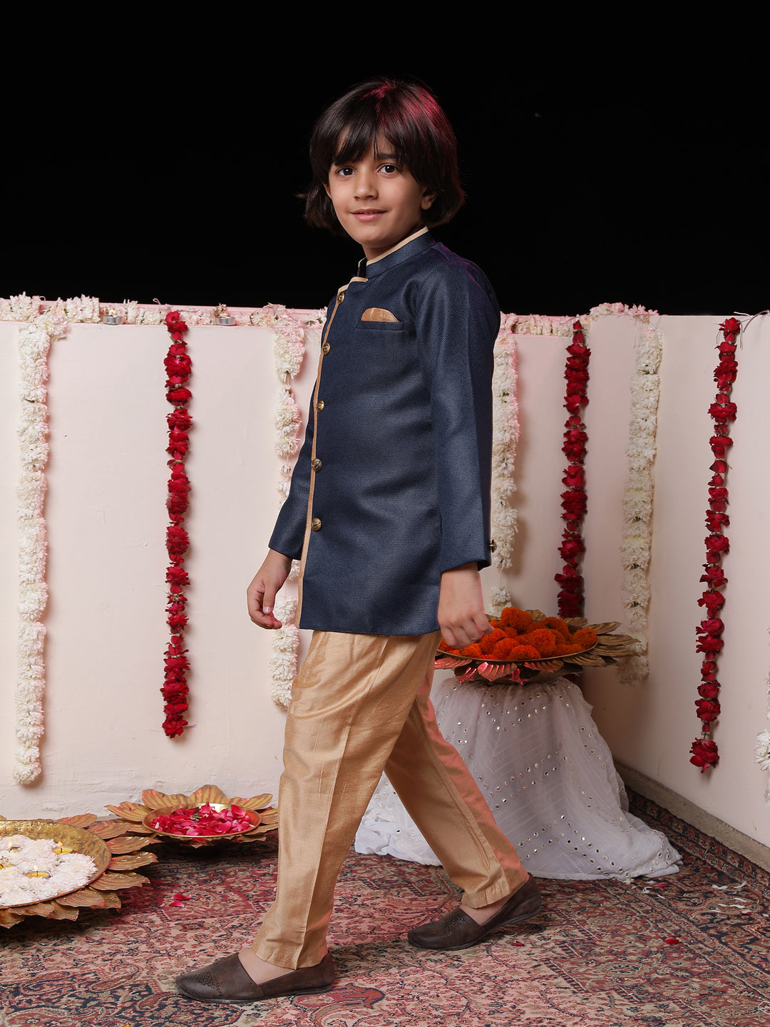 Vastramay Boys' Navy Blue Jute Silk Sherwani Set - qivii