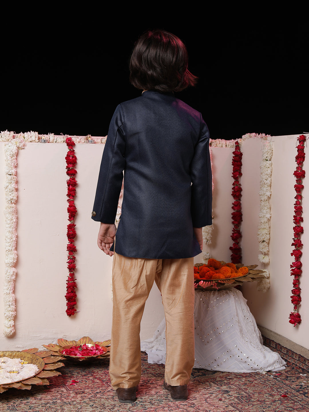Vastramay Boys' Navy Blue Jute Silk Sherwani Set - qivii