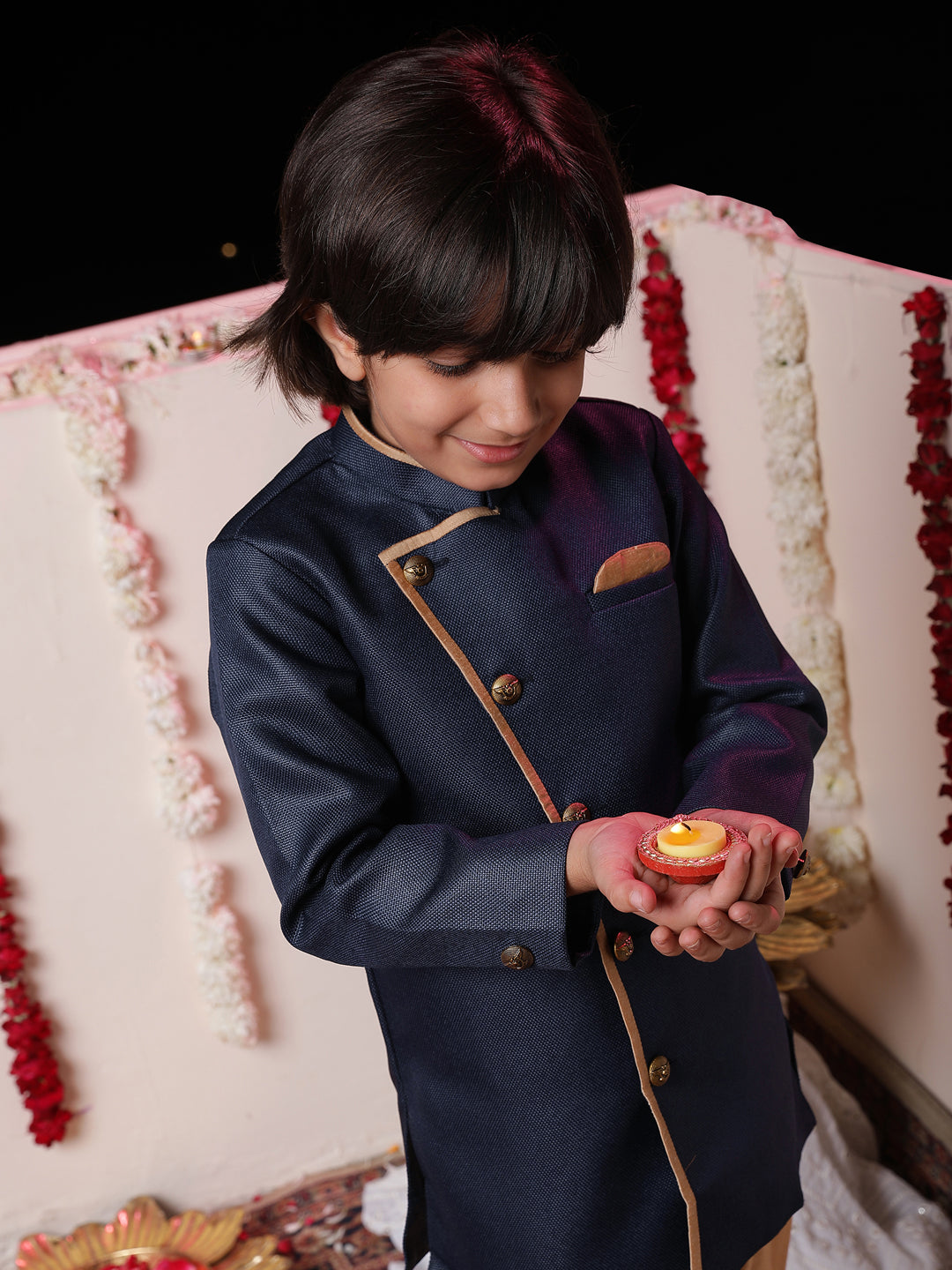 Vastramay Boys' Navy Blue Jute Silk Sherwani Set - qivii