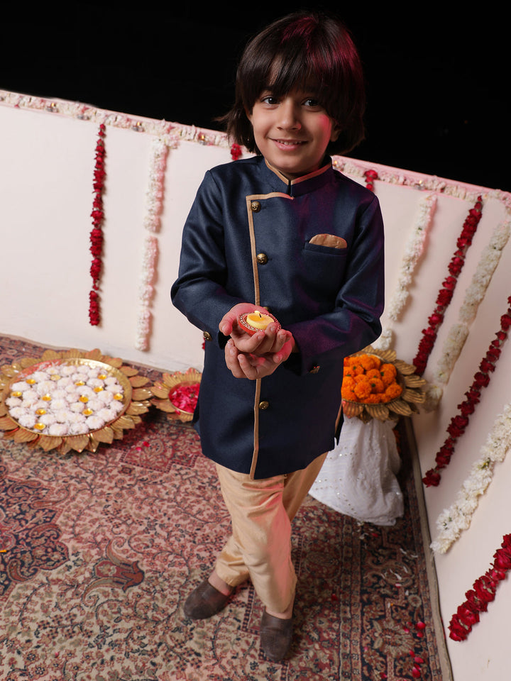 Vastramay Boys' Navy Blue Jute Silk Sherwani Set - qivii