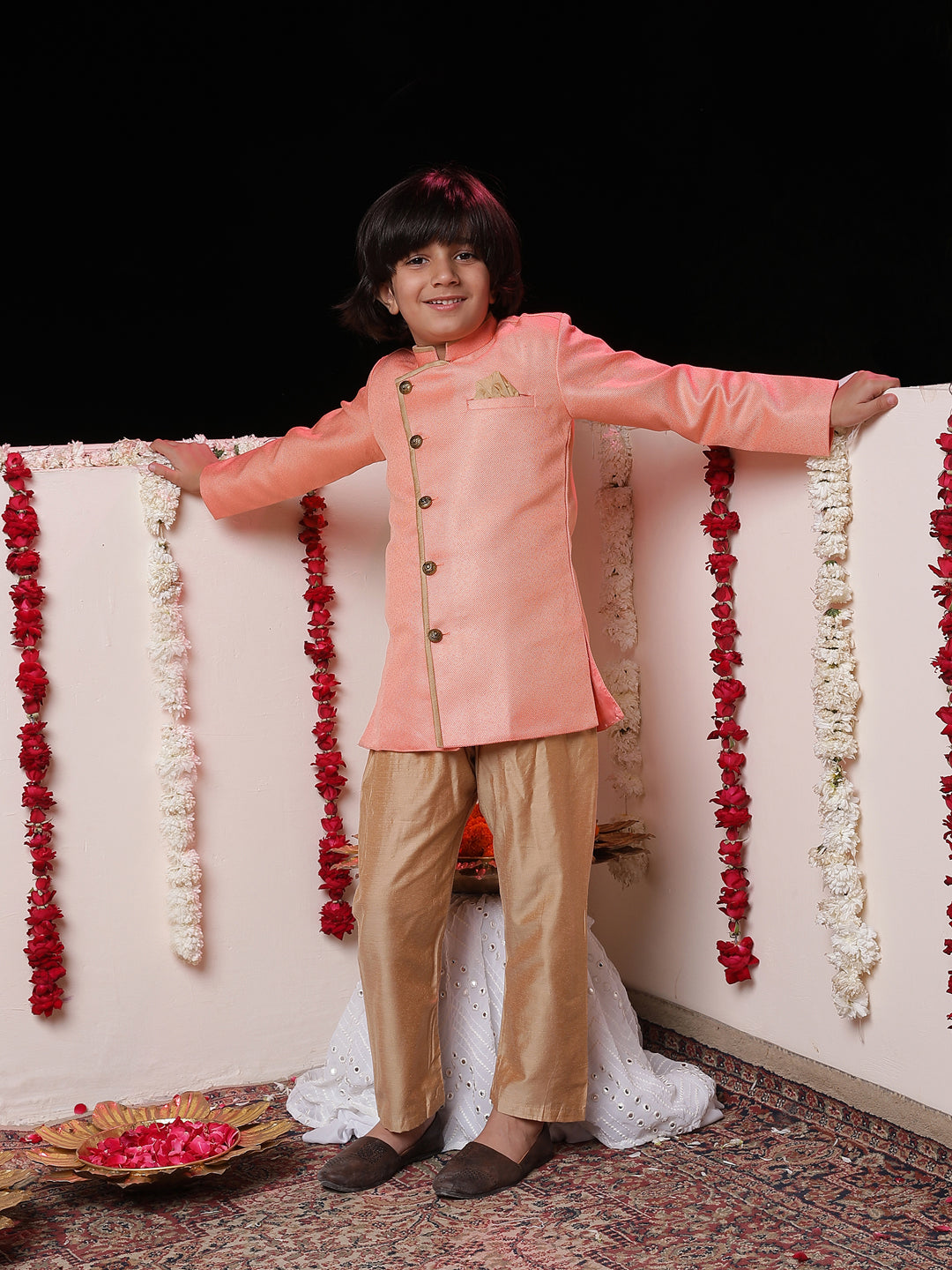 Vastramay Boys' Pink Jute Silk Sherwani Set - qivii