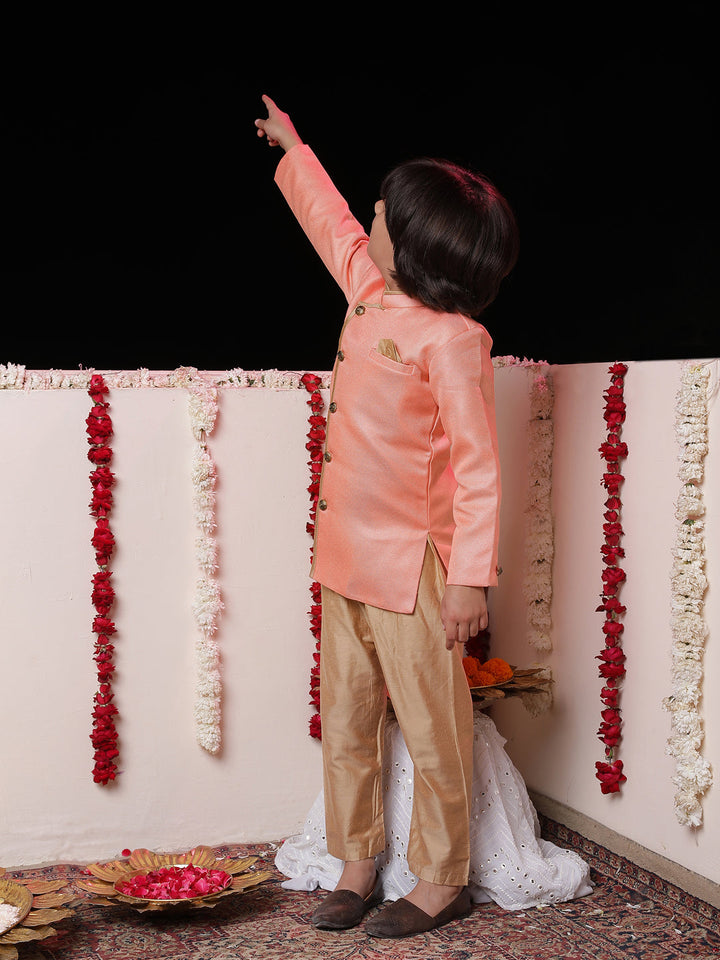 Vastramay Boys' Pink Jute Silk Sherwani Set - qivii