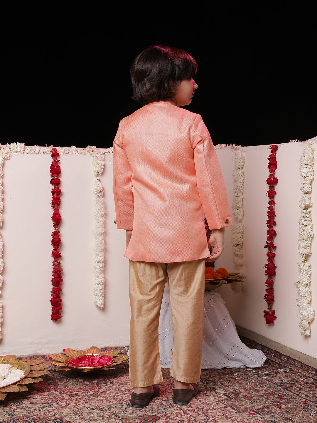 Vastramay Boys' Pink Jute Silk Sherwani Set - qivii