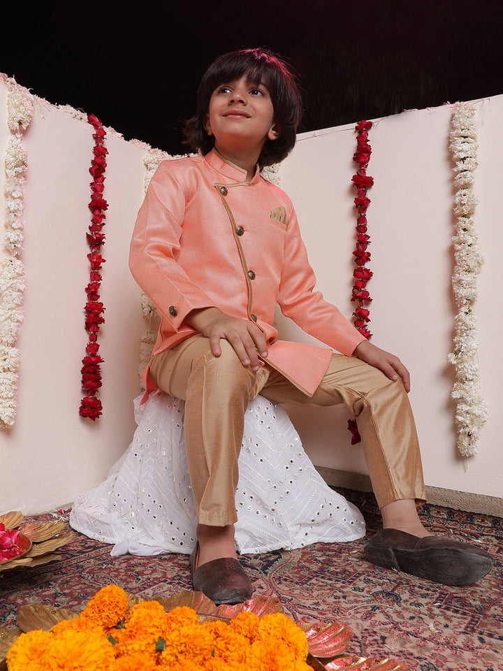 Vastramay Boys' Pink Jute Silk Sherwani Set - qivii