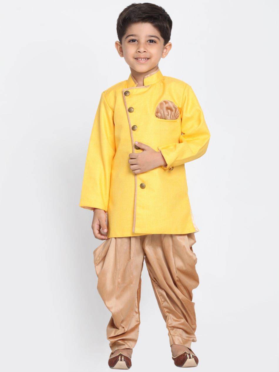 Vastramay Boy's Yellow Jute Silk Blend Sherwani Set - qivii
