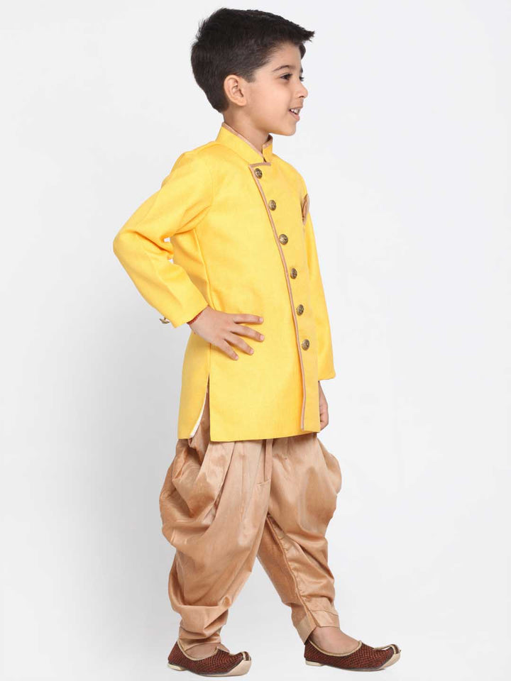 Vastramay Boy's Yellow Jute Silk Blend Sherwani Set - qivii