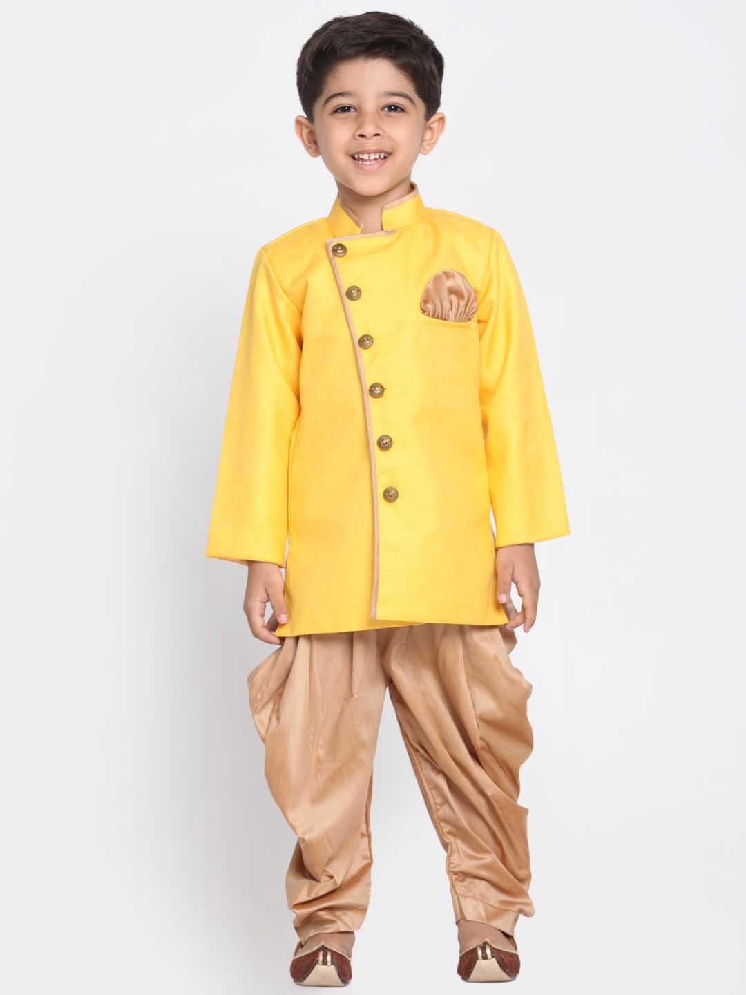 Vastramay Boy's Yellow Jute Silk Blend Sherwani Set - qivii