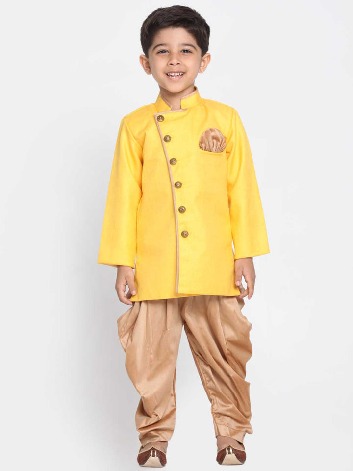 Vastramay Boy's Yellow Jute Silk Blend Sherwani Set - qivii