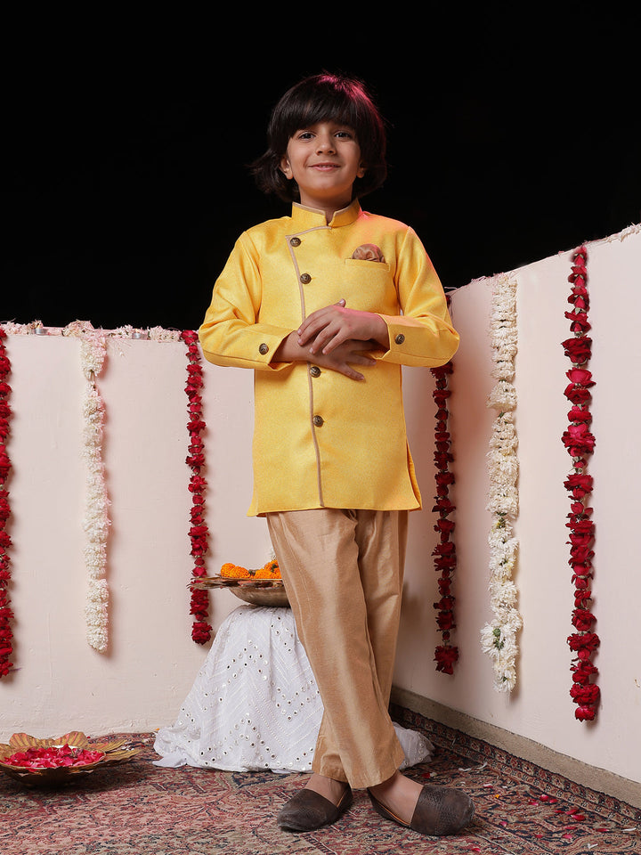 Vastramay Boys' Yellow Jute Silk Sherwani Set - qivii