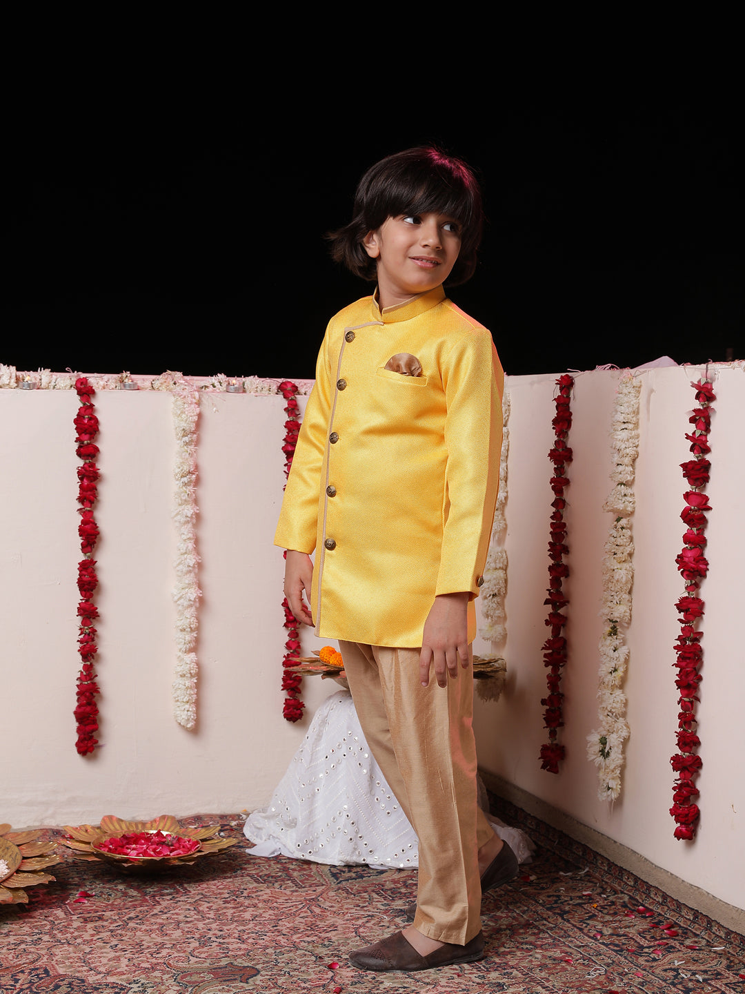 Vastramay Boys' Yellow Jute Silk Sherwani Set - qivii